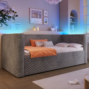 Letto singolo a divano 90 × 200 cm con vano contenitore idraulico in velluto grigio e luci LED