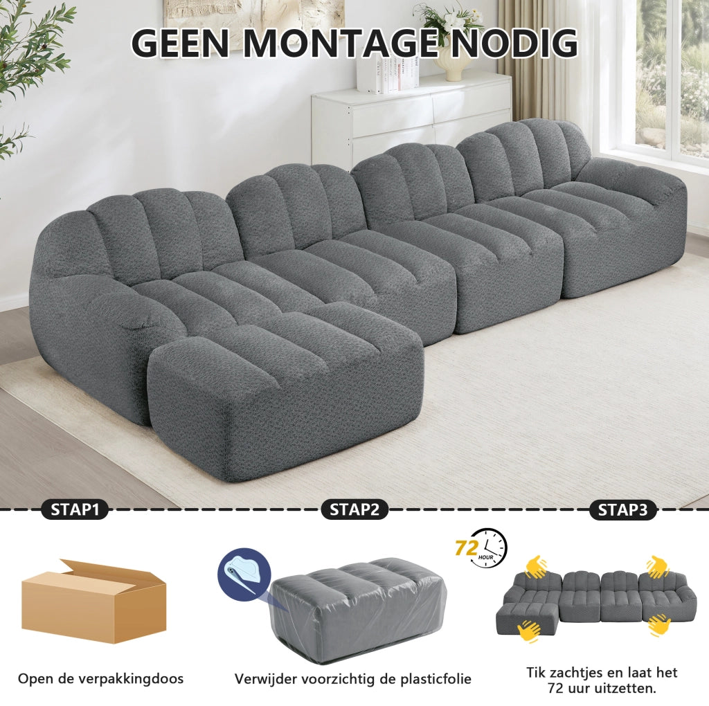 Divano modulare senza struttura a 2 posti a forma di L con pouf, cuscini profondi, grigio