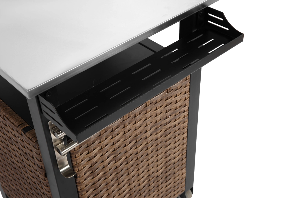 Carrello da cucina con ruote, anta, cassetto e ripiani, portabicchieri, per esterno, in acciaio e rattan, marrone