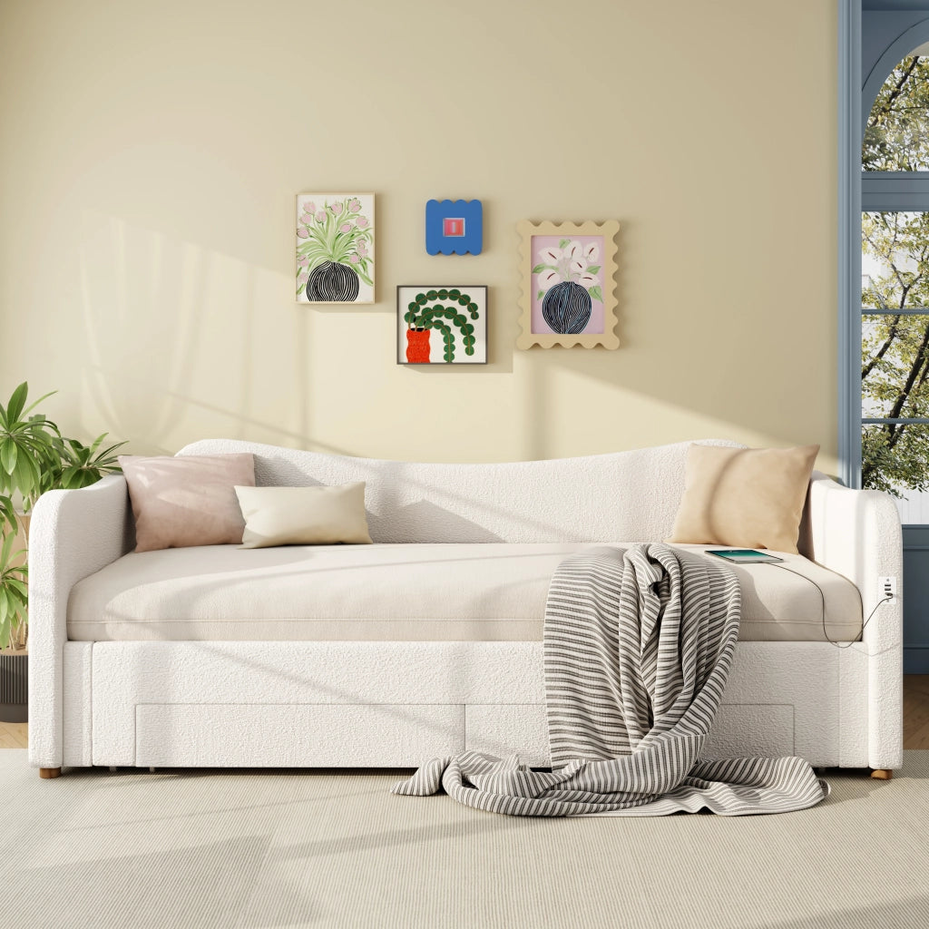 Letto per bambini estensibile 90-180 x 200 cm con 2 cassetti e USB, letto singolo imbottito in boucl¨¦ beige