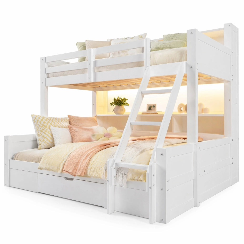 Letto a castello bambini 90x200 + 140x200 cm in pino bianco con LED