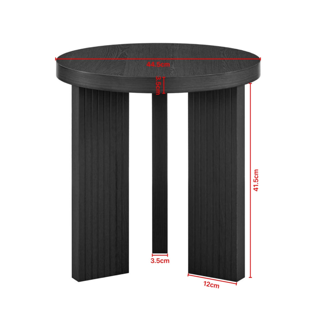 Tavolino da divano rotondo a tre gambe in MDF nero con effetto legno scuro per soggiorno camera e balcone
