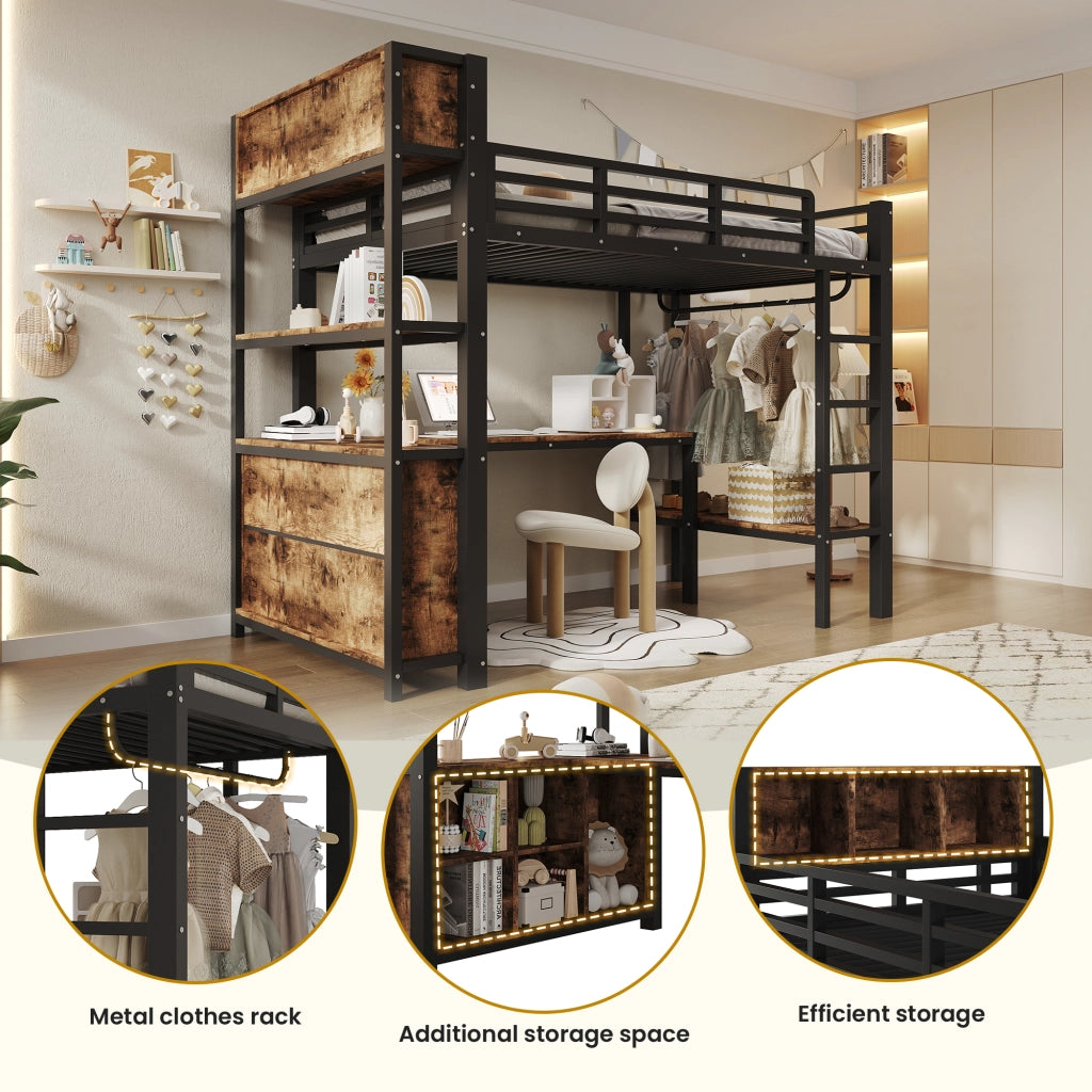 Letto a soppalco per bambini 90x200 cm con scrivania; appendiabiti; ripiani e vani; metallo e MDF nero