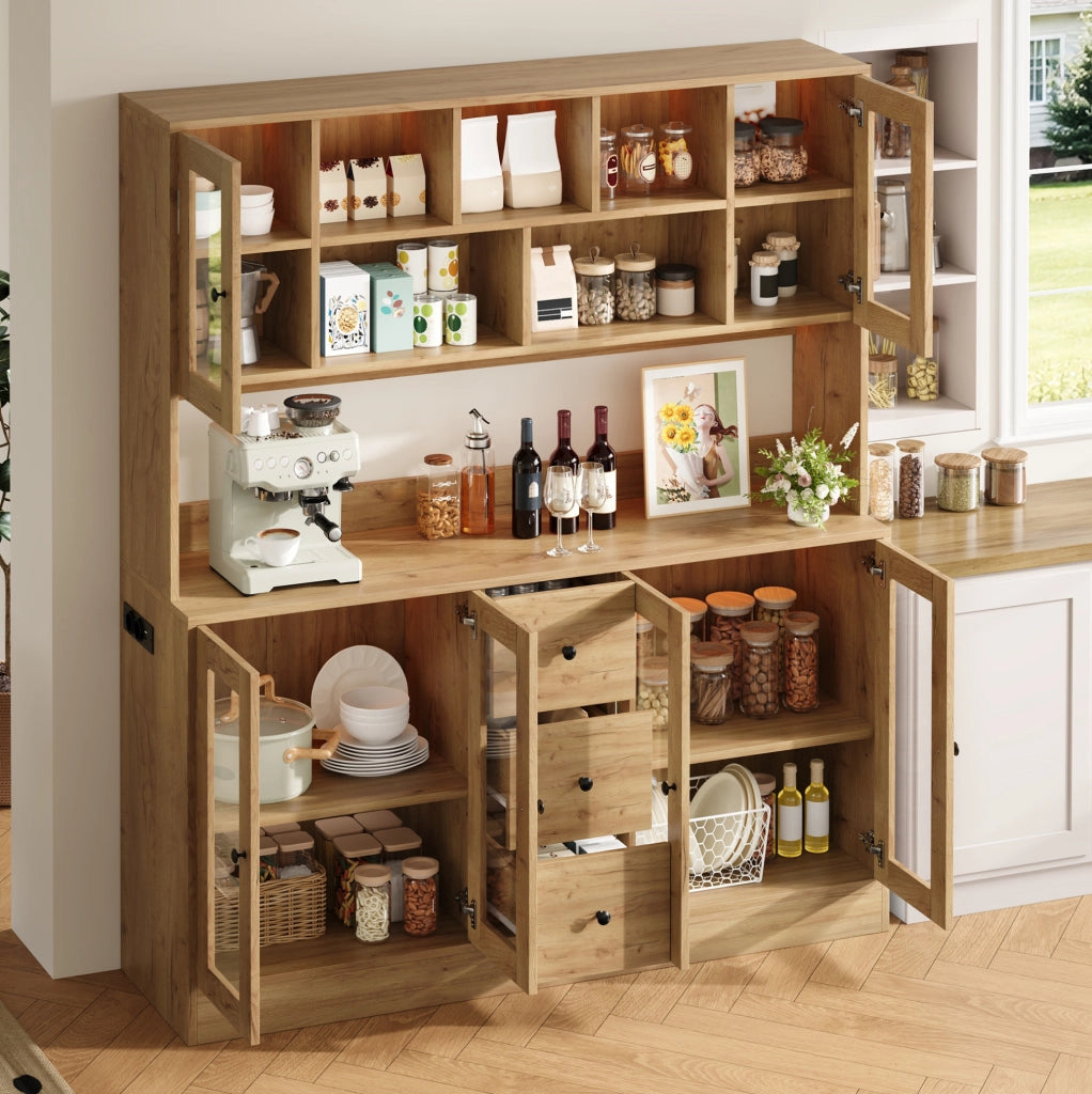 Mobile da cucina 150x40x173 cm con LED RGB, 3 cassetti e prese in MDF naturale