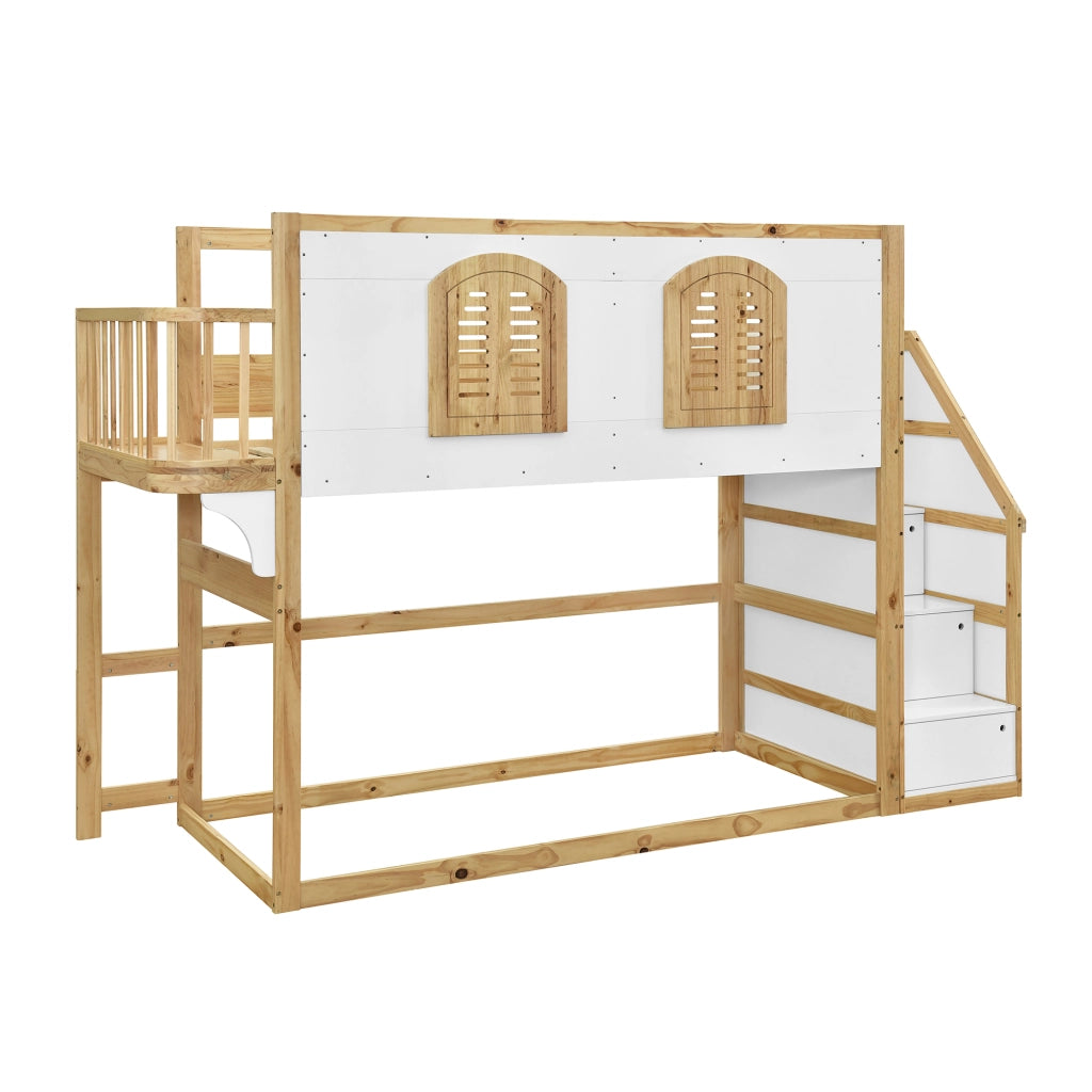 Letto a soppalco per bambini 90×200 cm con scala contenitore e area gioco, senza materasso, in legno bianco e naturale