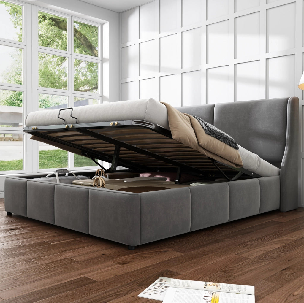 Letto matrimoniale imbottito contenitore 140 x 200 cm grigio