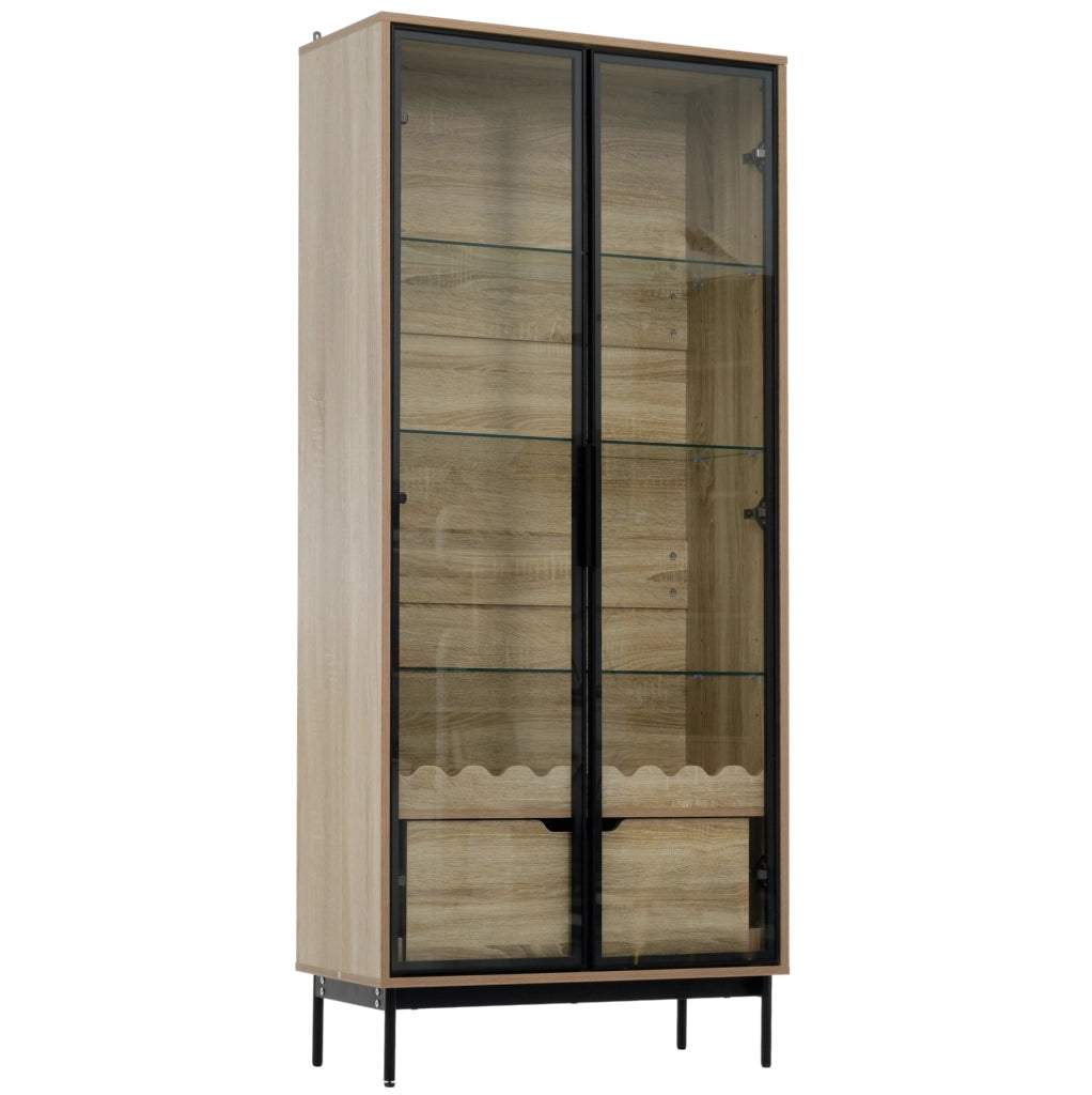 Mobile alto con porta in vetro, ripiani in vetro regolabili in altezza e cassetto, piedi in metallo, design a onde, per soggiorno, camera e corridoio
