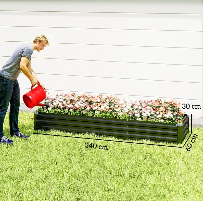 Letto da Giardino Rettangolare 240x60x30 cm, Struttura in Acciaio Zincato e Verniciato, Colore Grigio Scuro, Fondo Aperto