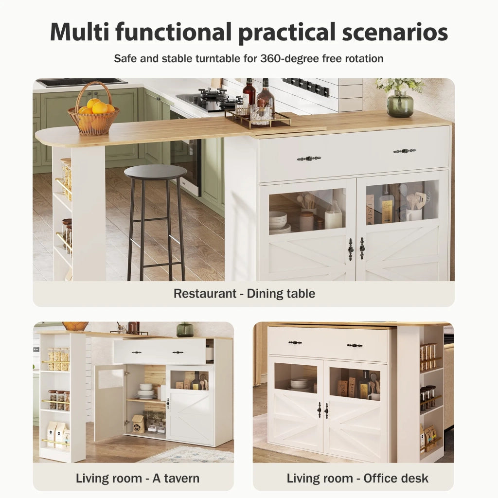 Tavolo bar allungabile bianco con ripiani, 138-204x39x104 cm, piano girevole a 360°, mobile alto moderno per cucina e bistrot