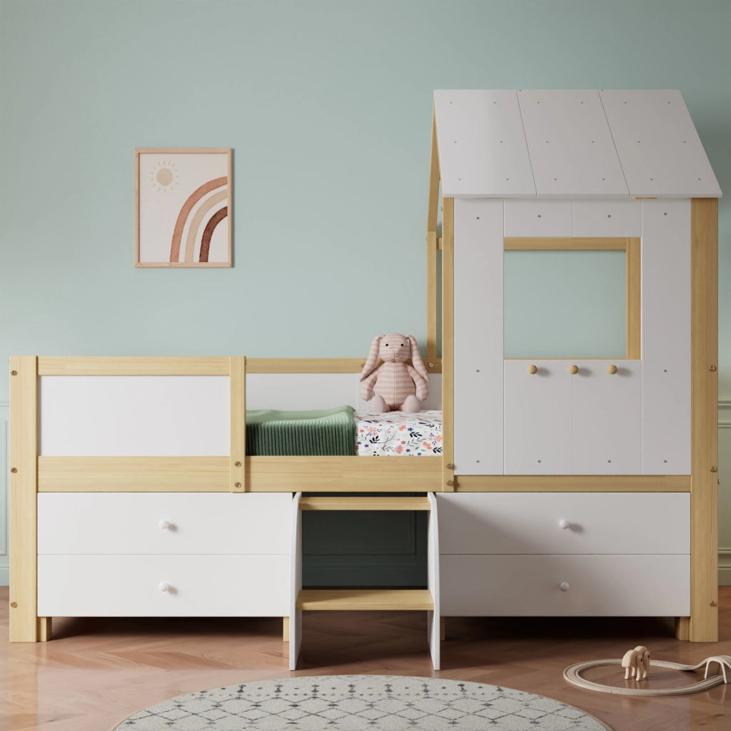 Letto a casetta 90 ¡Á 200 cm con cassetto e scala in legno bianco con rete a doghe e barriera laterale