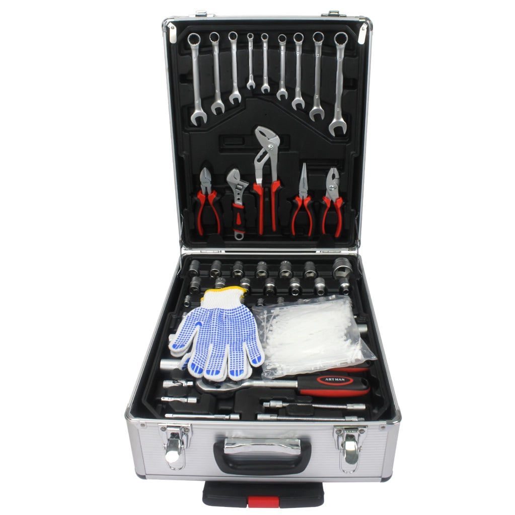 Set di utensili 899 pezzi con cassetta degli attrezzi in alluminio e plastica, 4 cassetti, mobiletto con ruote, colore argento, 36,5x20x51 cm