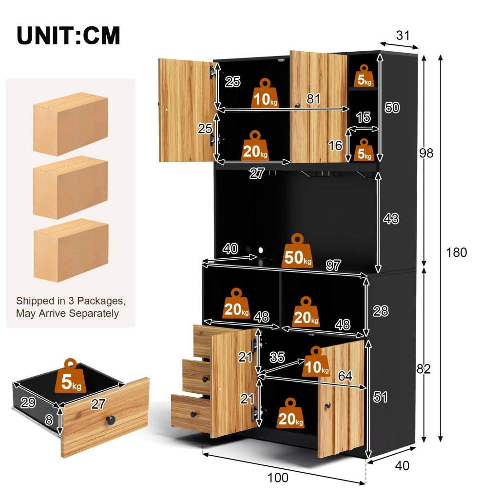 Credenza da cucina alta con LED, prese e portabicchieri, per cucina e bar, MDF nero naturale, 100 × 40 × 180 cm
