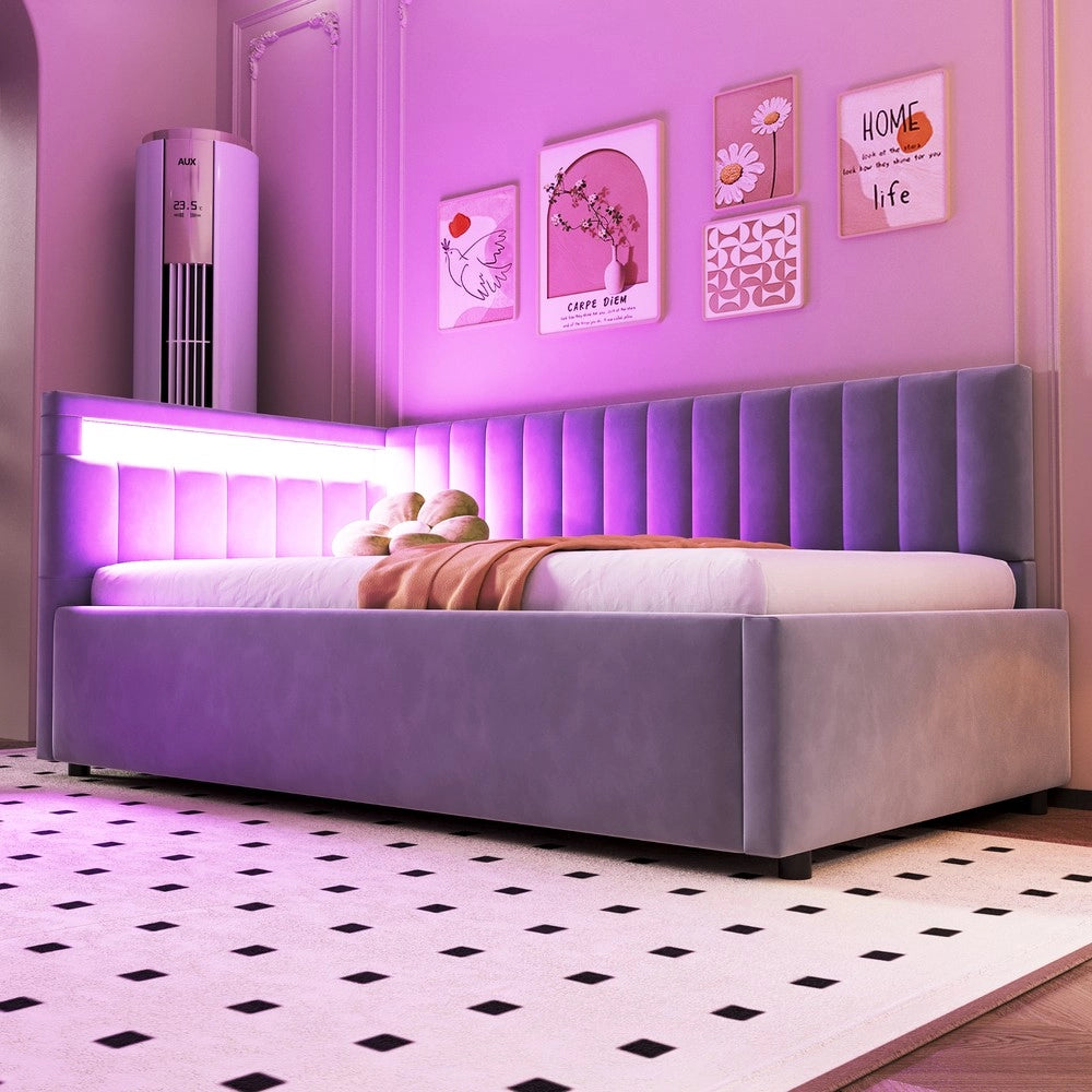 Letto Imbottito Contenitore con LED ¨C Xylo ¨C Velluto Grigio Chiaro 90x200