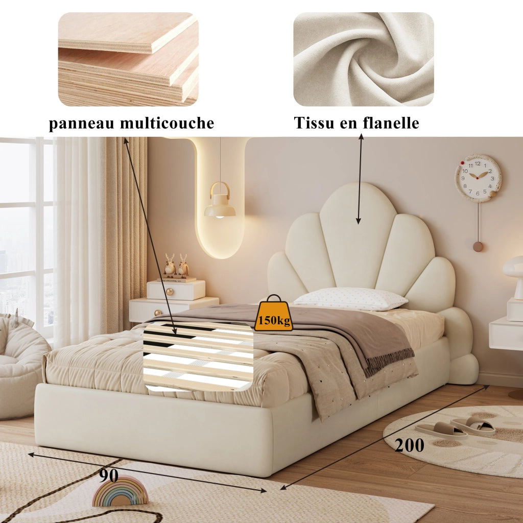Letto singolo imbottito 90 ¡Á 200 cm con testiera a petali in velluto beige rete a doghe e tavolini laterali