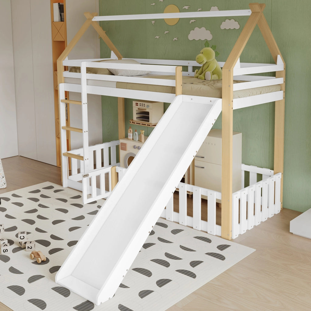 Letto a soppalco bambini con scivolo; struttura in pino e MDF; bianco e naturale; 90x200 cm