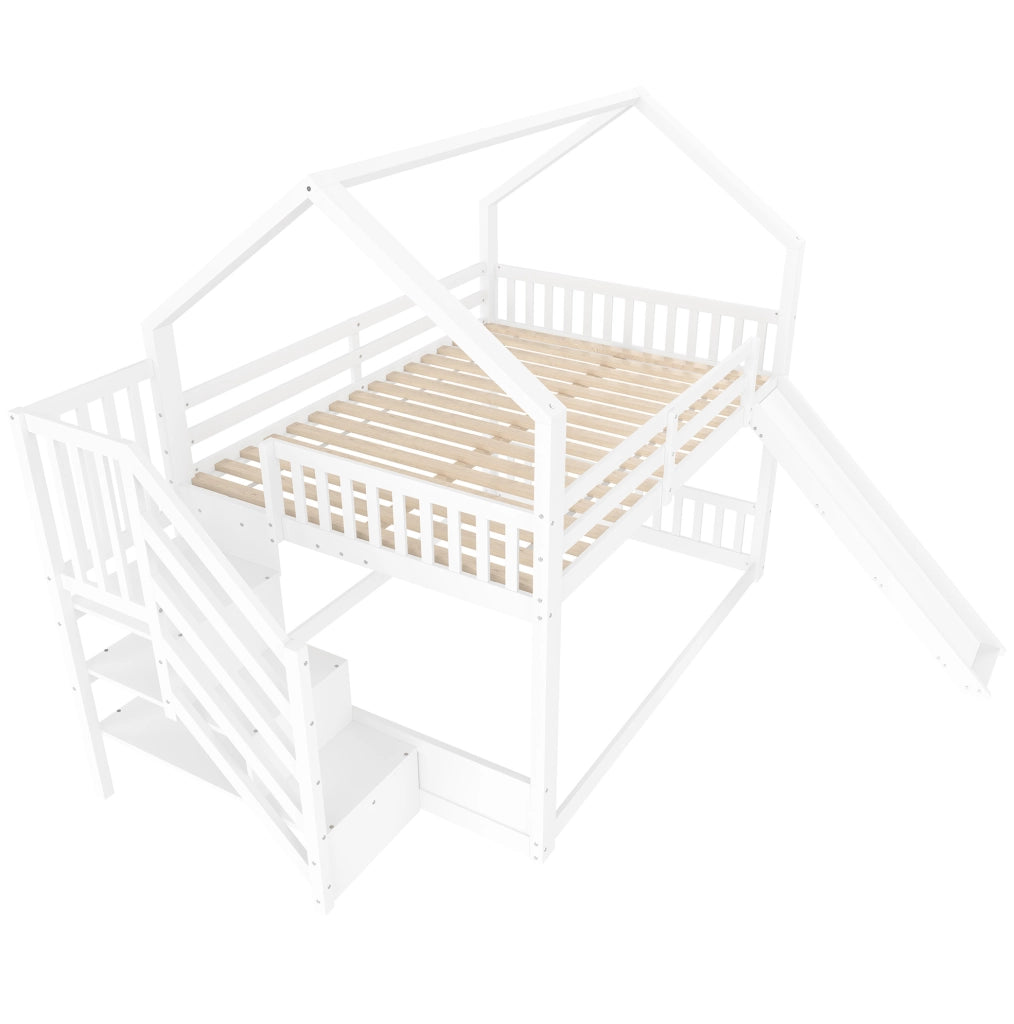 LETTO a castello 140x200 cm con scivolo, scala contenitore, bianco