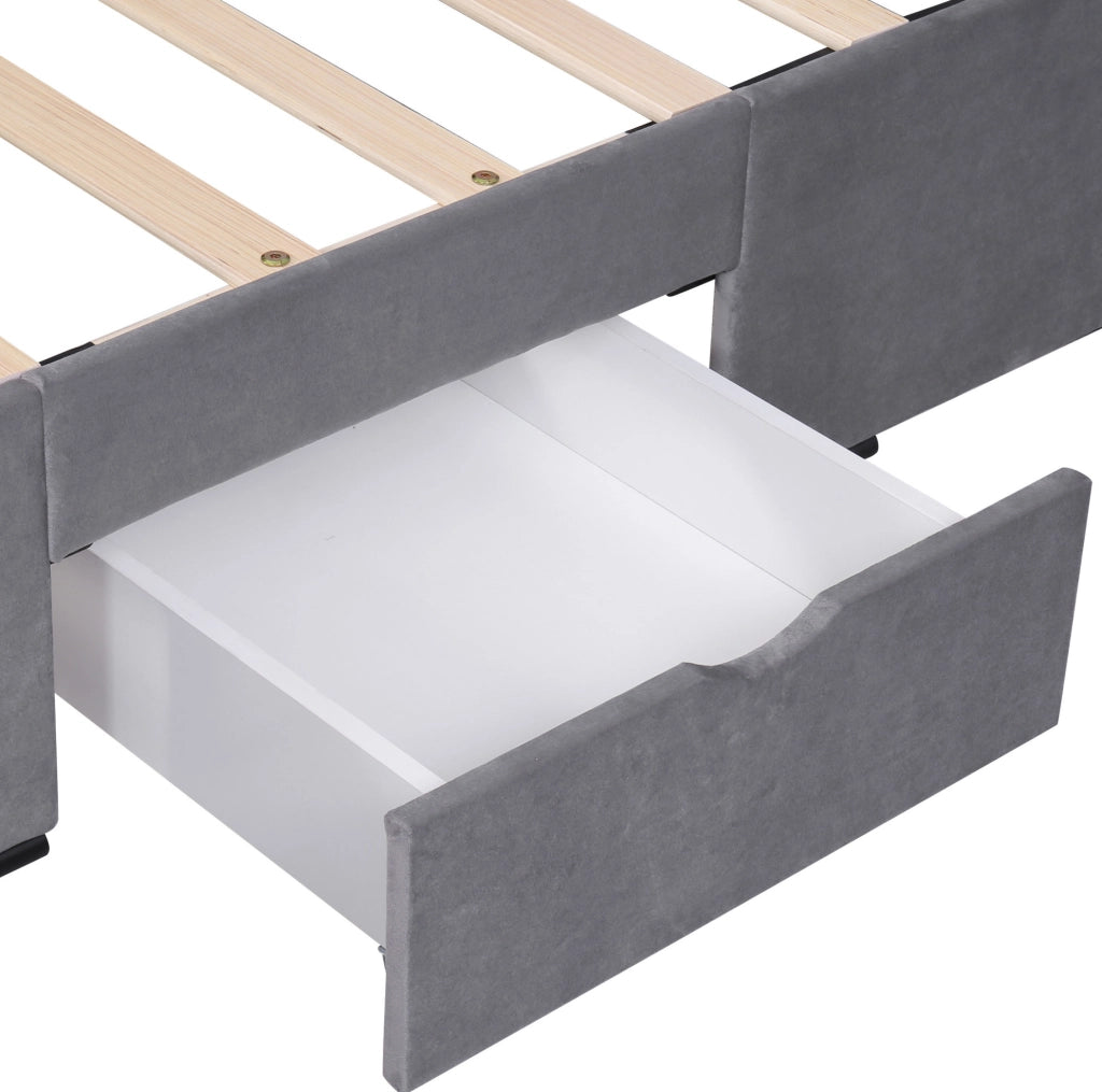 Letto imbottito in velluto grigio 160x200 cm con rete a doghe e 4 cassetti YEAVIO