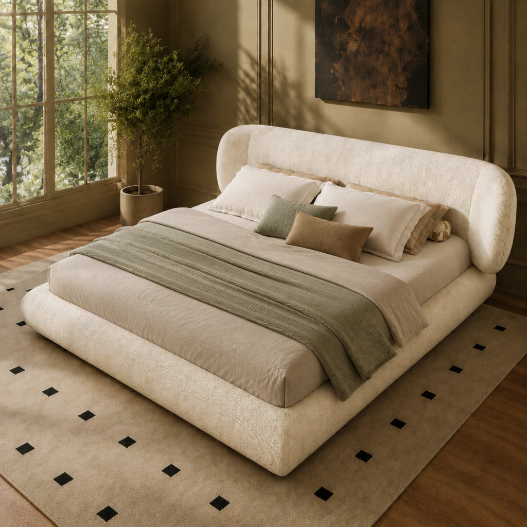 Letto imbottito 140x190 cm con testiera e doghe in ciniglia beige