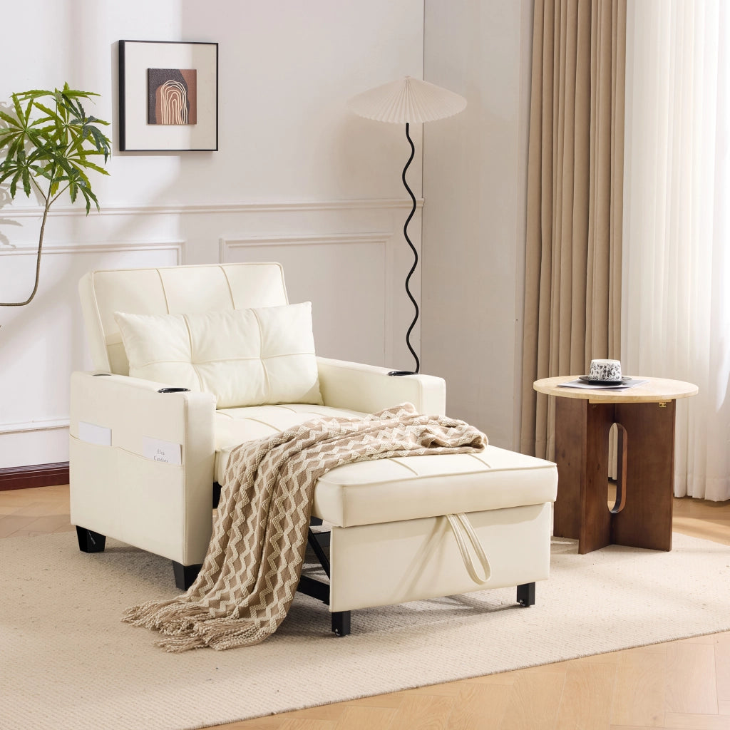Poltrona letto estraibile 3 in 1 con schienale regolabile, portabicchieri e tasca laterale in ecopelle bianca