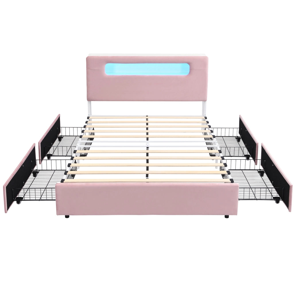 Letto imbottito ULEVR 140x200 cm rosa con 4 cassetti laterali, testiera con vano aperto e LED controllato tramite app