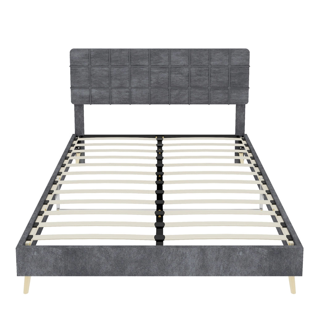 Letto 140 × 200 cm con testiera imbottita a quadri rivestito in velluto grigio