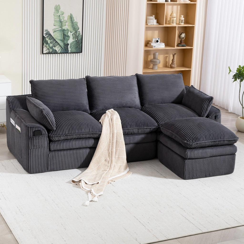 Divano modulare 3 posti in velluto a coste con pouf, cuscini e doppie tasche laterali, schiuma a 3 strati con molle per rapido ritorno elastico, colore grigio scuro, 263x167x85 cm