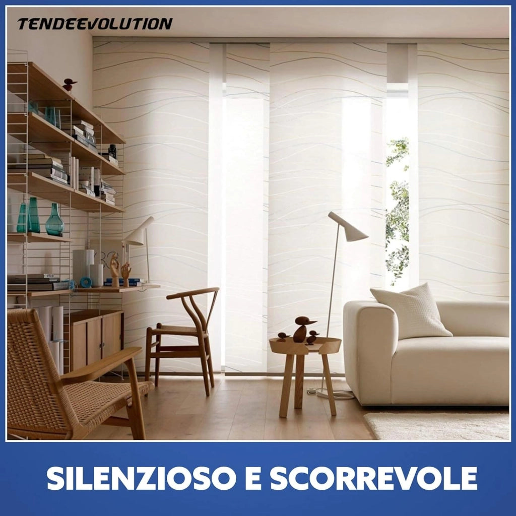 Bastone per Tende A Pannello Comando a Corda Apertura a sinistra, Binario a 5 vie con portapannelli da 55 CM, Attacco Parete Lunghezza 250 CM