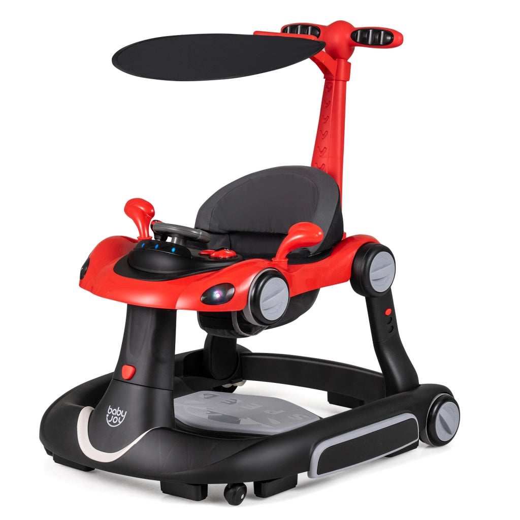 Camminatore per bambini 6-in-1 con tenda centro attivit¨¤ dondolo altalena musica e luci, Macchinina con ruote regolabile per bambini 7-18 mesi Rosso