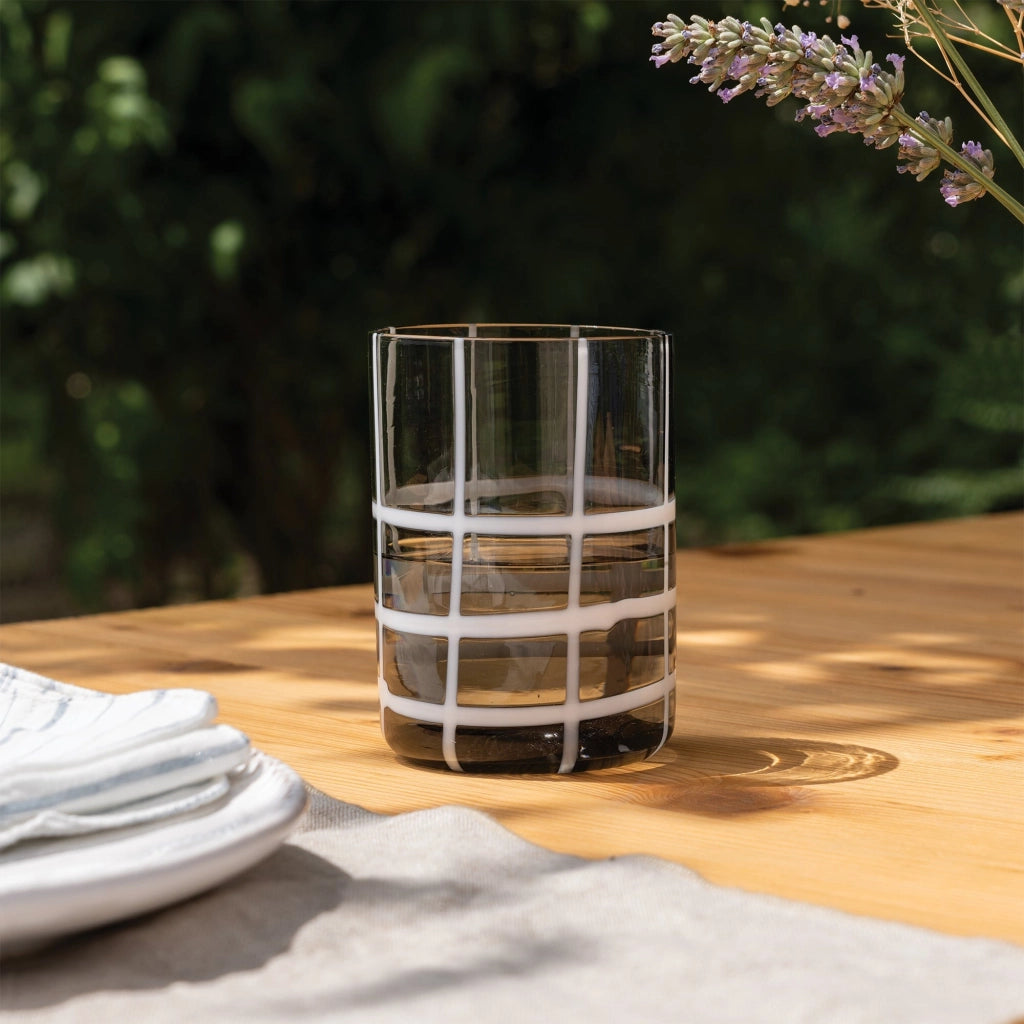Zafferano Twiddle - Set 6 Bicchieri Grigio in Vetro Soffiato, 35 cl - Tumbler Artigianali con Decoro Bianco, Lavabili in Lavastoviglie