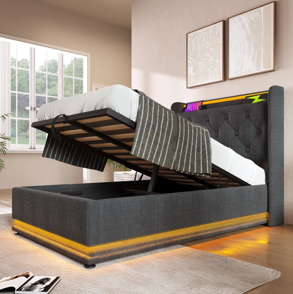 Letto singolo 90x200 cm con contenitore; LED 360°; USB-C e testiera in lino grigio