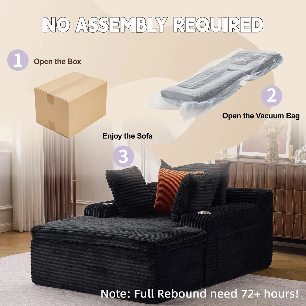 Divano Letto con Chaise Longue ¨C MINIMAL ¨C Nero, 3 Cuscini, Senza Montaggio