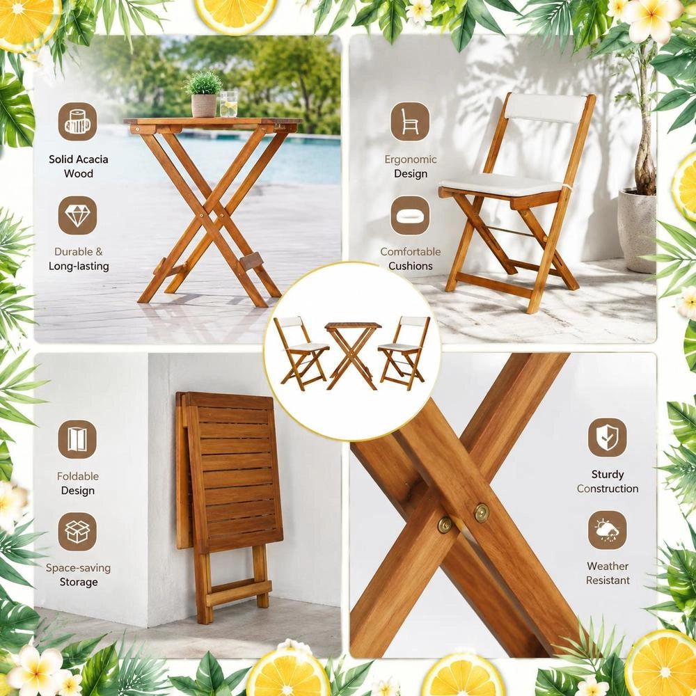 3-piece Foldable Bistro Set With Cushions, Solid Acacia Wood