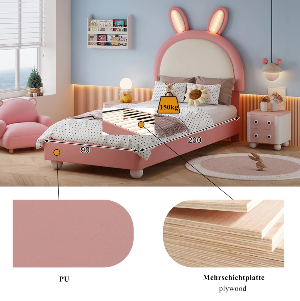 Letto singolo imbottito a coniglio con LED rosa e bianco 90x200 cm