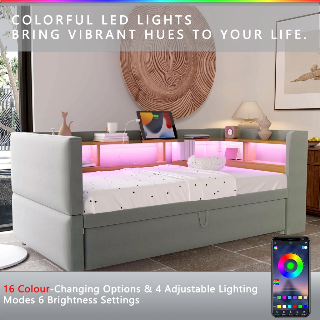 Divano letto 90/180 × 190 cm estraibile con LED prese e vani portaoggetti in flanella grigio chiaro
