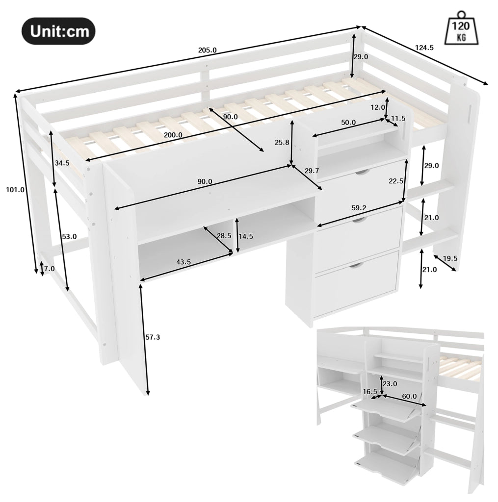 Letto a soppalco per bambini 90x200 cm in pino bianco con contenitori