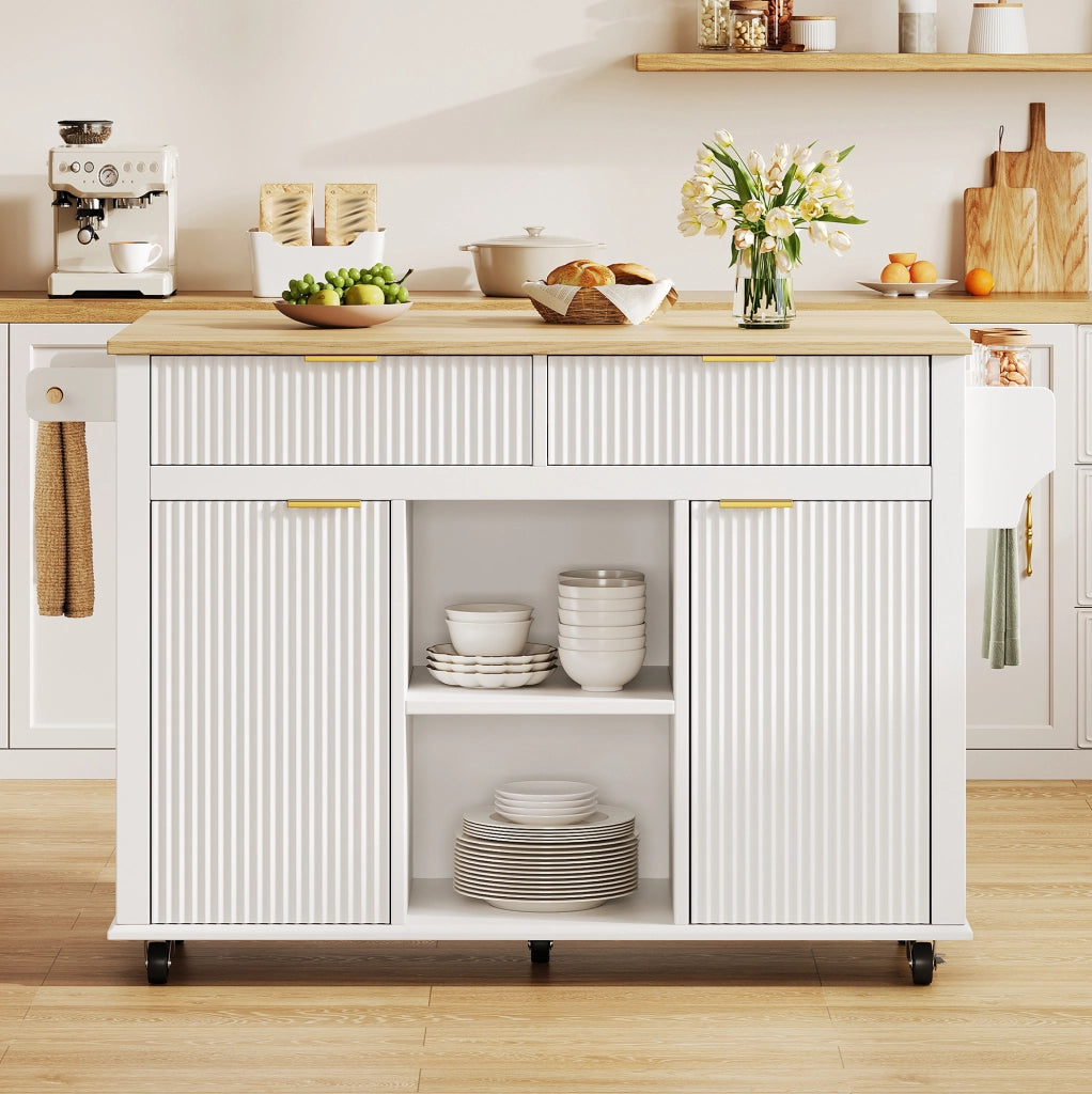 Isola da cucina su ruote 120x45 cm con piano di lavoro ribaltabile, 2 cassetti, 2 ante, portastoviglie e portasciugamani, bianco
