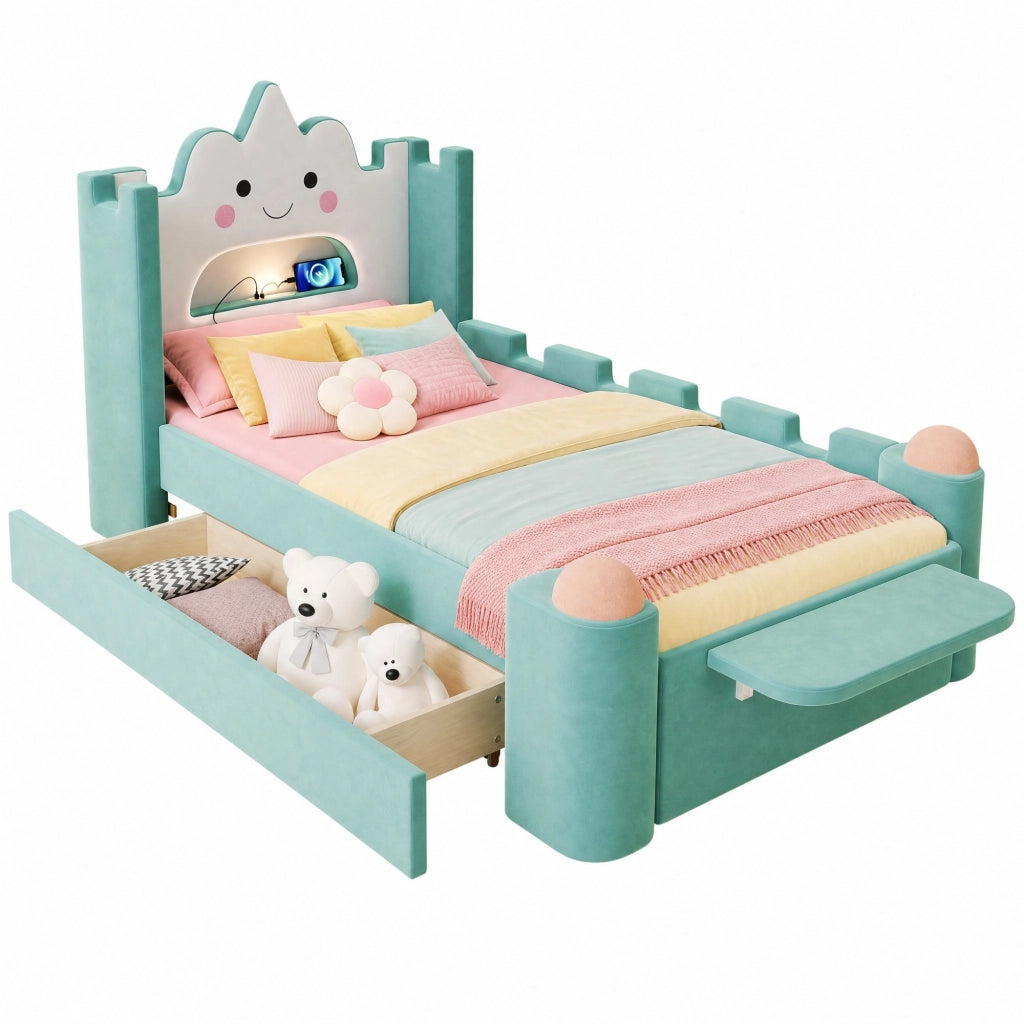 Letto per bambini 90 × 200 cm con lampada LED, USB, cassetto e mensola pieghevole, senza materasso, blu verde