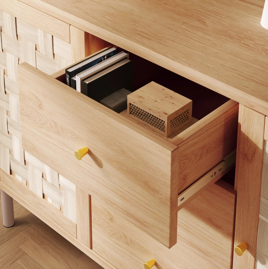 Credenza in MDF e metallo 120x40x75 cm con 2 ante e 3 cassetti, rovere