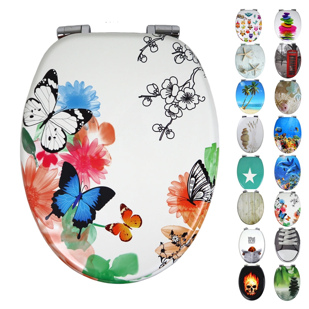Sedile wc copri vater universale frizionato fantasia in mdf chiusura rallentata *** fantasia butterfly, confezione 1