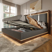 Letto imbottito 140x200 cm con LED e contenitore idraulico, grigio e noce