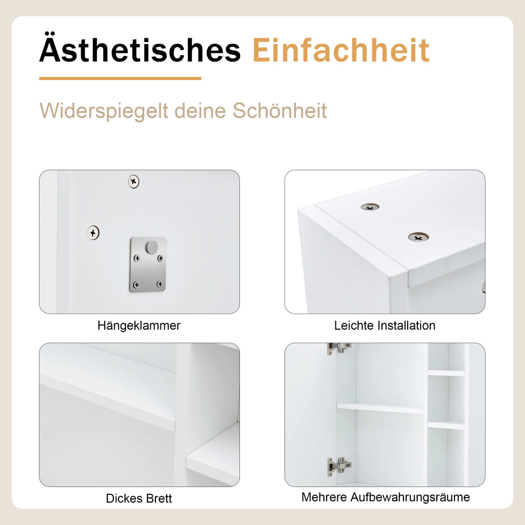 Armadietto da bagno sospeso con anta a specchio in vetro di sicurezza e vani interni in MDF bianco