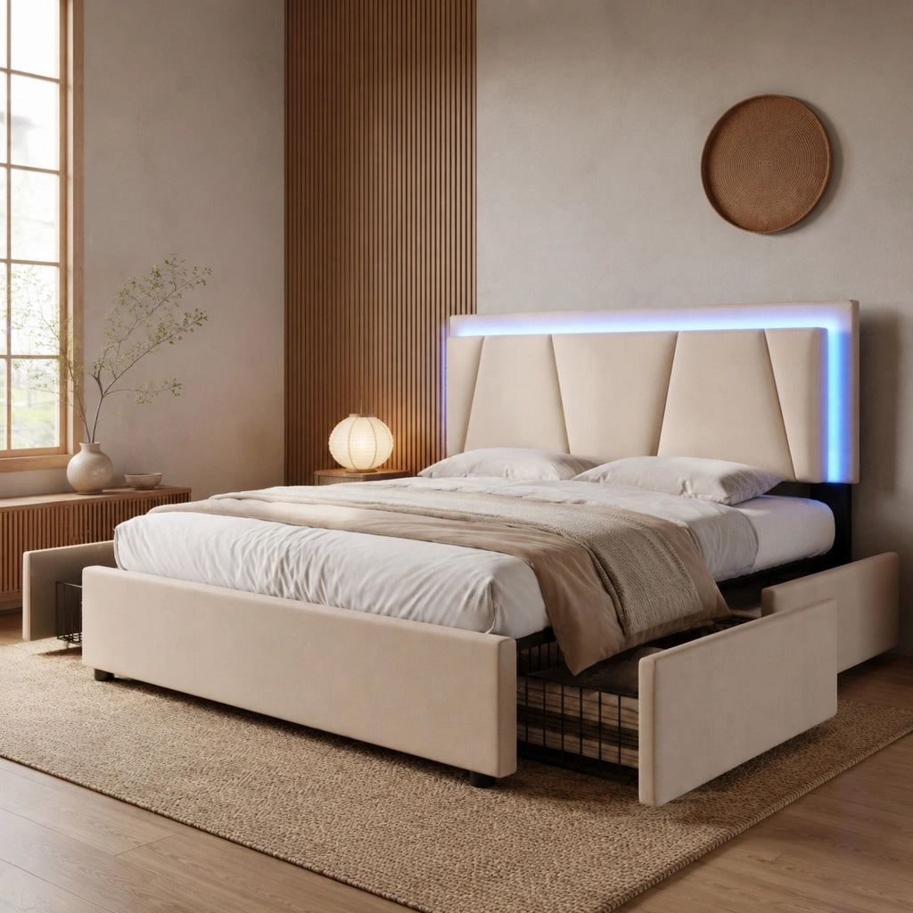 Letto imbottito 140 x 200 cm beige con LED e 4 cassetti
