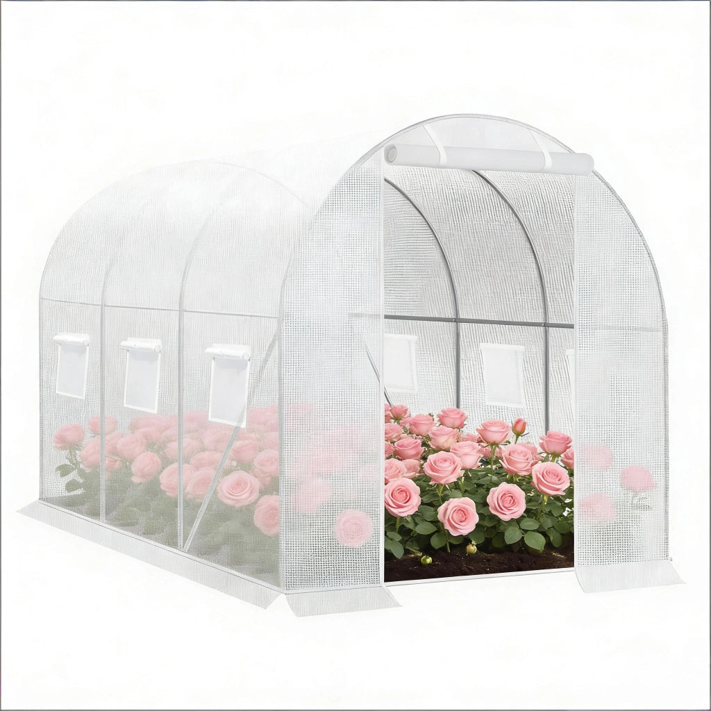 Serra da giardino a tunnel con 6 finestre e porta avvolgibile struttura in acciaio e telo PE bianco 200 × 300 × 190 cm