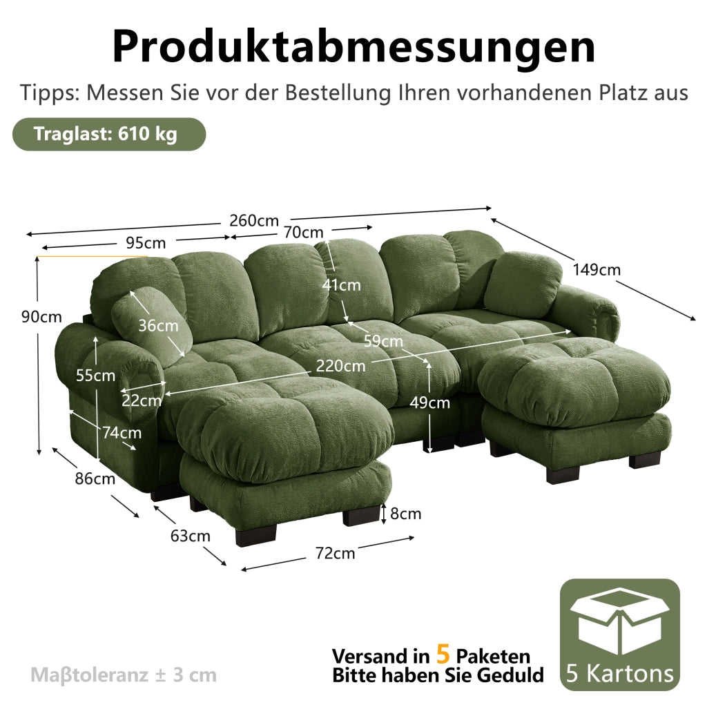 Divano angolare convertibile 3 posti con pouf mobile e 2 cuscini, Chenille Verde