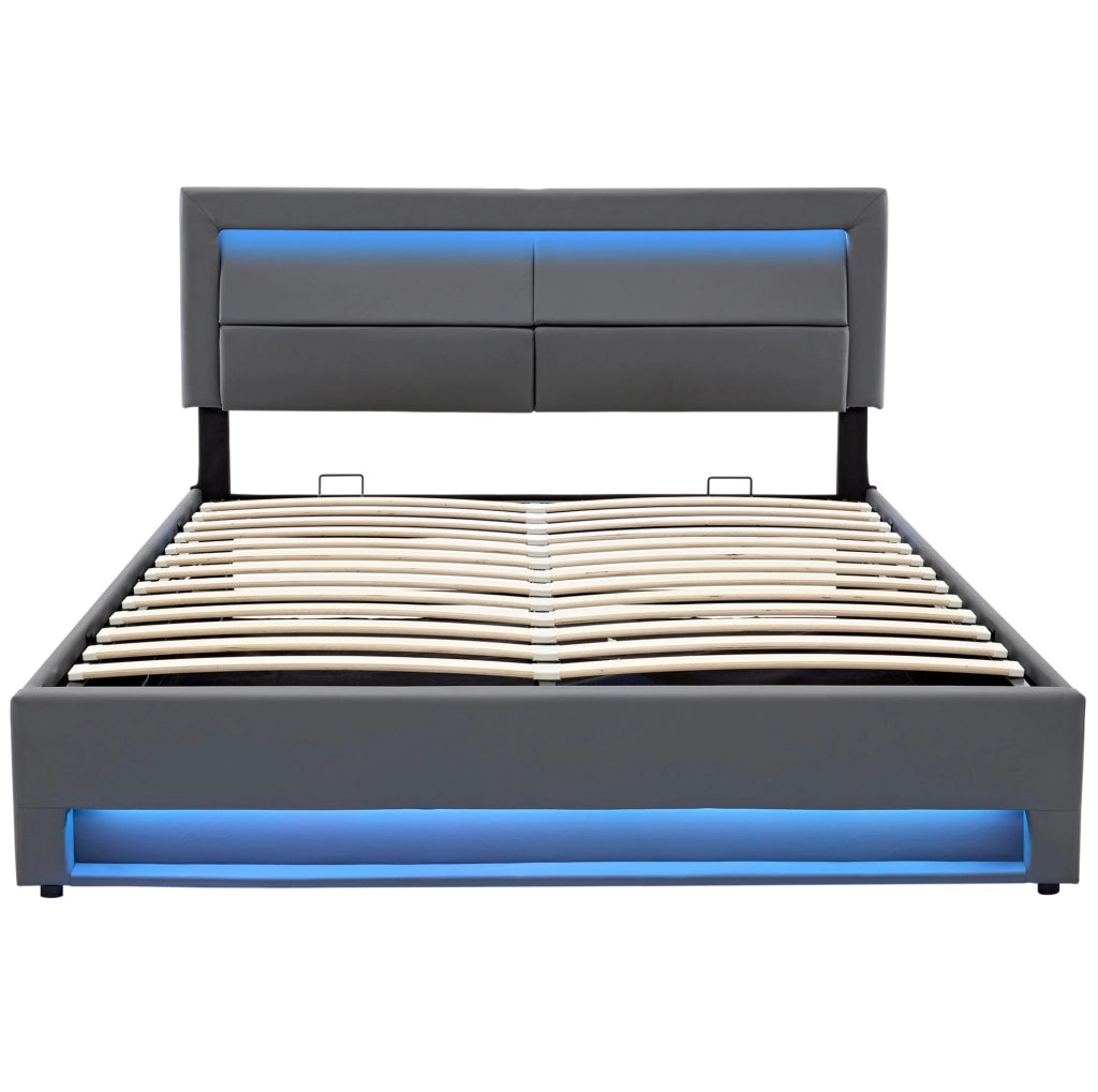 Letto imbottito 140x190 cm USB e LED con contenitore PU grigio (Senza materasso)