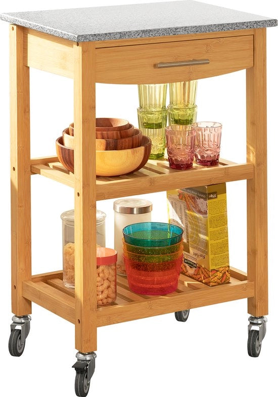 Carrello da Cucina in Bambù e Pietra - Dimensioni 58x85x40 cm