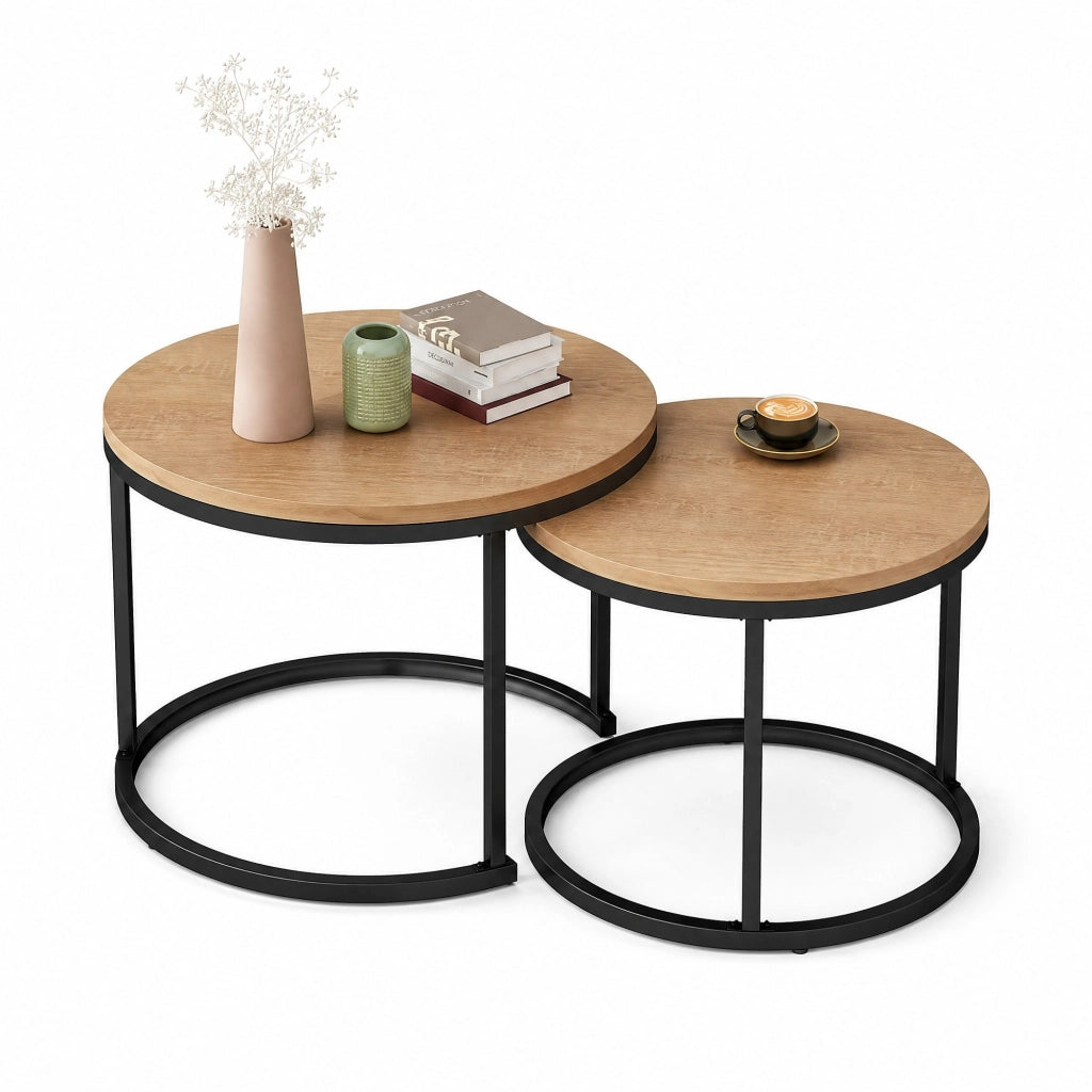 Set 2 tavolini da caffè rotondi impilabili in MDF; noce e nero