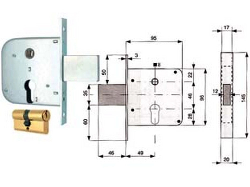 2pz serratura infilare cancelli catenaccio scrocco + quadro cilindro sag. 133 cod:ferx.fer51002