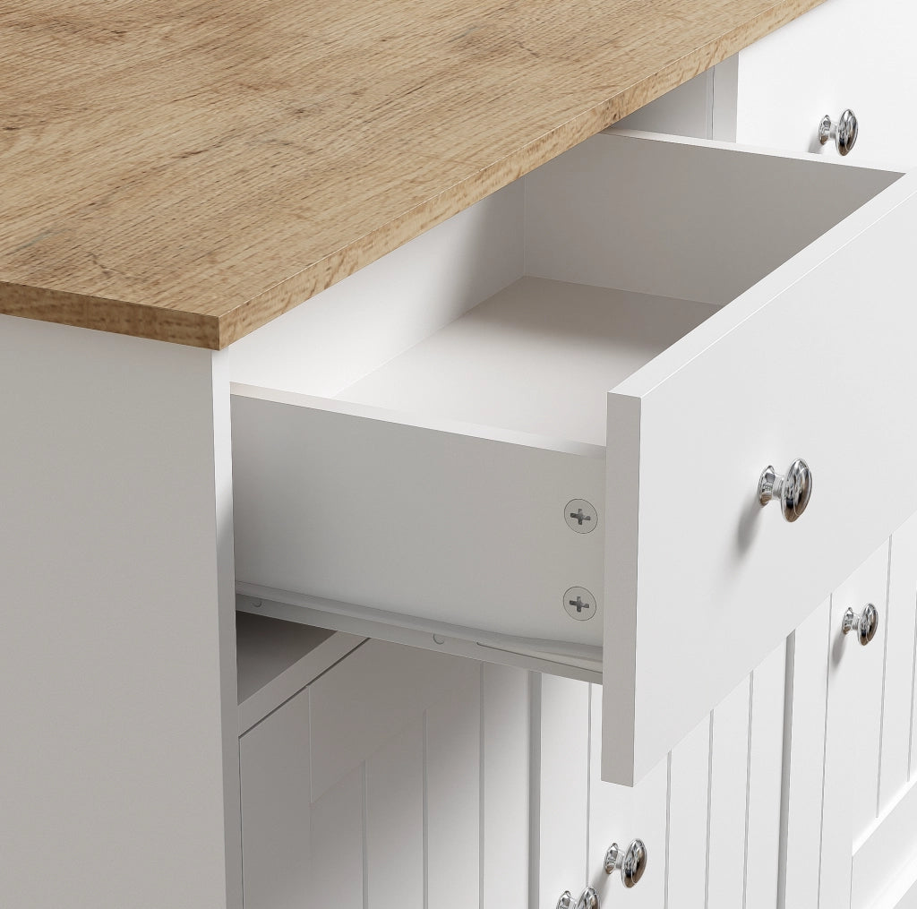 Credenza bianca e legno con texture incisa, 120x36x80,5 cm, 3 ante e 2 cassetti