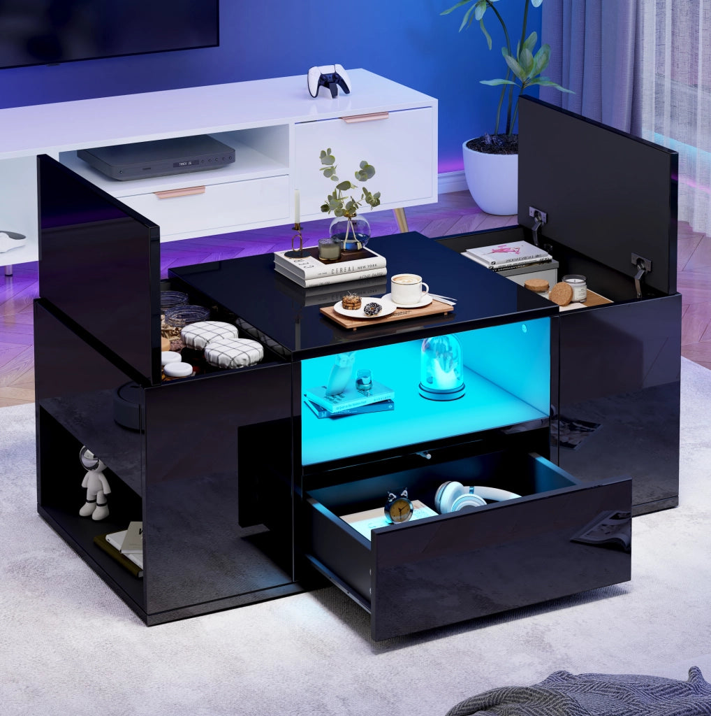 Tavolino da caffè 100x50x40 cm nero lucido con LED; cassetto e 6 vani HOMVRA